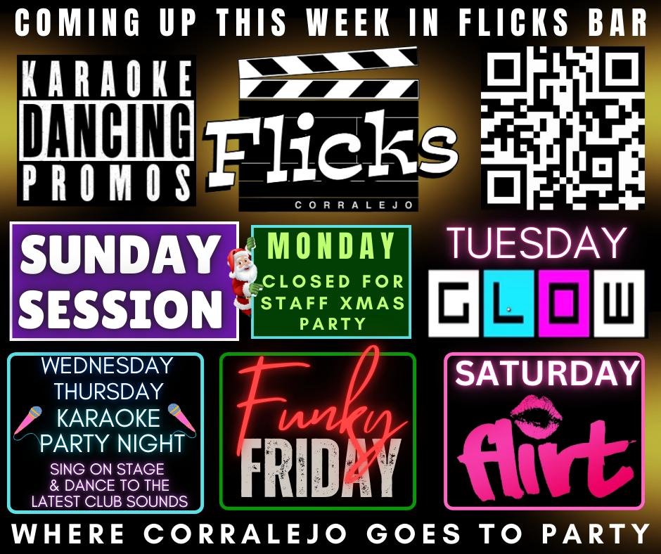 FlicksBar's tweet photo. Get ready for an amazing week at Flicks Bar.

WHERE CORRALEJO GOES TO PARTY 

🔴 Dancing 🟠 Karaoke 🟣 DJ  
🔵 Drink promos 🟢 A/C 🟡 Movie themed cocktails  

💢 **Flicks Bar** – Corralejo’s top party spot since 1997. Open 7 nights, 21:00–late!

#Corralejo #Fuerteventura https://t.co/PEnpySgp6J