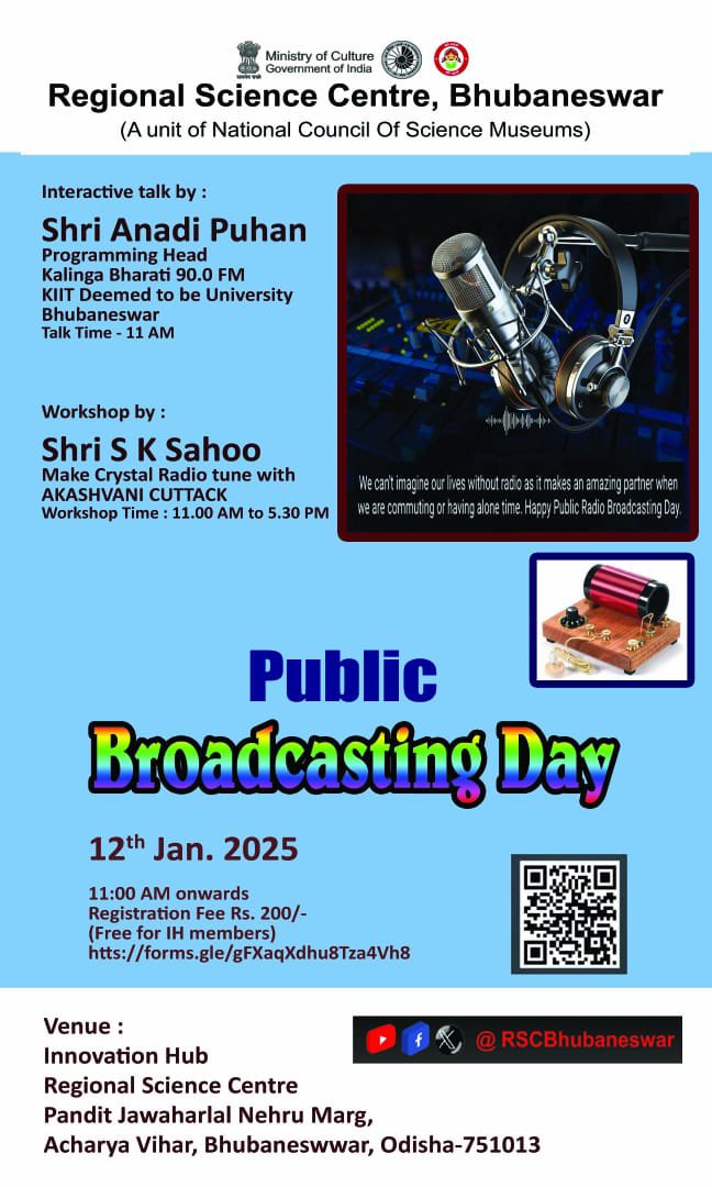 ncsmgoi's tweet photo. Participate in the #InteractiveTalk and #Workshop, organised by @RSCBhubaneswar, a unit of @ncsmgoi, @MinOfCultureGoI, on the occasion of Public Radio Broadcasting Day, on Jan 12, 2024.
#radiobroadcasting #radio #broadcasting #audience #technology https://t.co/UN8v2JukNe