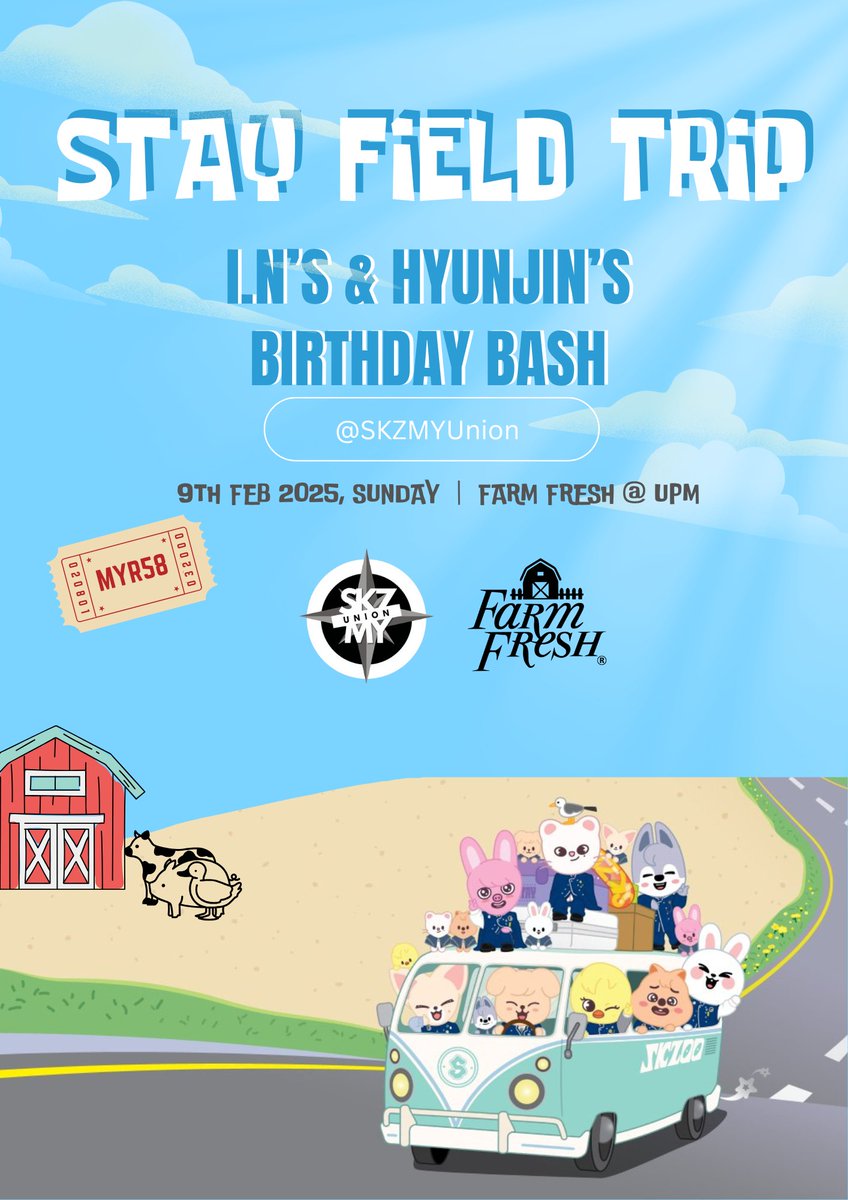 🐄 STAY FIELD TRIP 2025 🐄

A day to celebrate I.N &amp; HYUNJIN's birthday 🥳

📅 09/02/2025 (SUNDAY)
🕐 09:00AM ~ 3:00PM
📍 FARM FRESH @ UPM
🎟 RM58

Details are in the form &amp; please fill in if interested:

🔗 shorturl.at/qs91y

#MooWithHyunjinAndIN
#SKZooAdventure