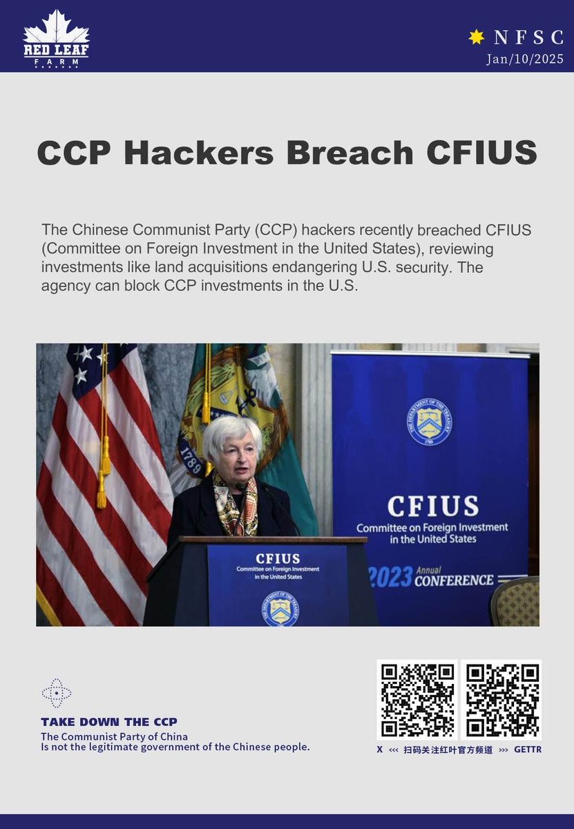 Bao2022001's tweet photo. CCP Hackers Breach CFIUS

The Chinese Communist Party (CCP) hackers recently breached CFIUS (Committee on Foreign Investment in the United States), reviewing investments like land acquisitions endangering U.S. security. The agency can block CCP investments in the U.S.
#CCPHackers https://t.co/aQIHFhg3Wx