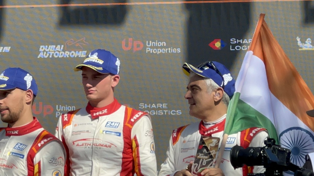 MSimath's tweet photo. Nations pride #AjithKumar 🔥❤️

Seeing him so close with my own eyes at his victory is really a goosebumps moment.

#AjithKumarRacing #Ajith #India #24hrRacing https://t.co/0j4xdgsZ3k