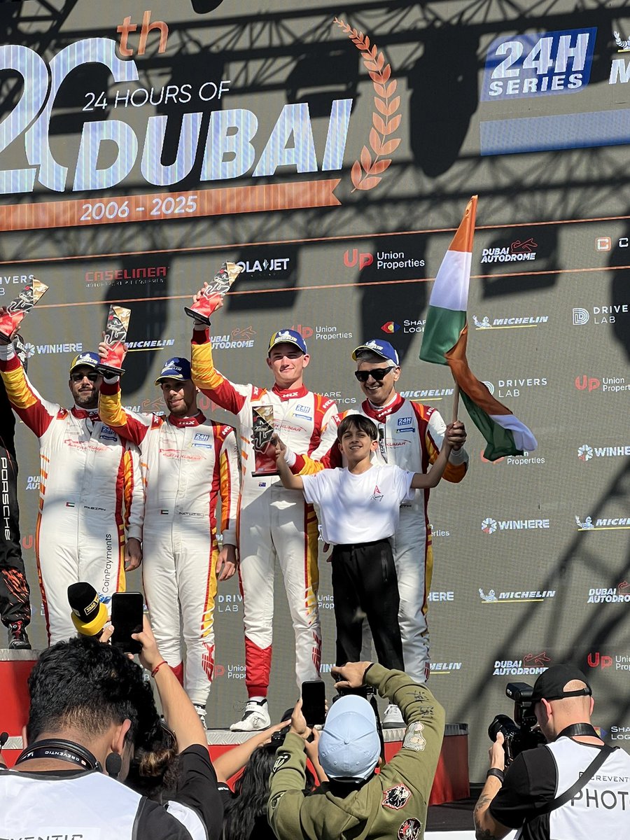 MSimath's tweet photo. Nations pride #AjithKumar 🔥❤️

Seeing him so close with my own eyes at his victory is really a goosebumps moment.

#AjithKumarRacing #Ajith #India #24hrRacing https://t.co/0j4xdgsZ3k