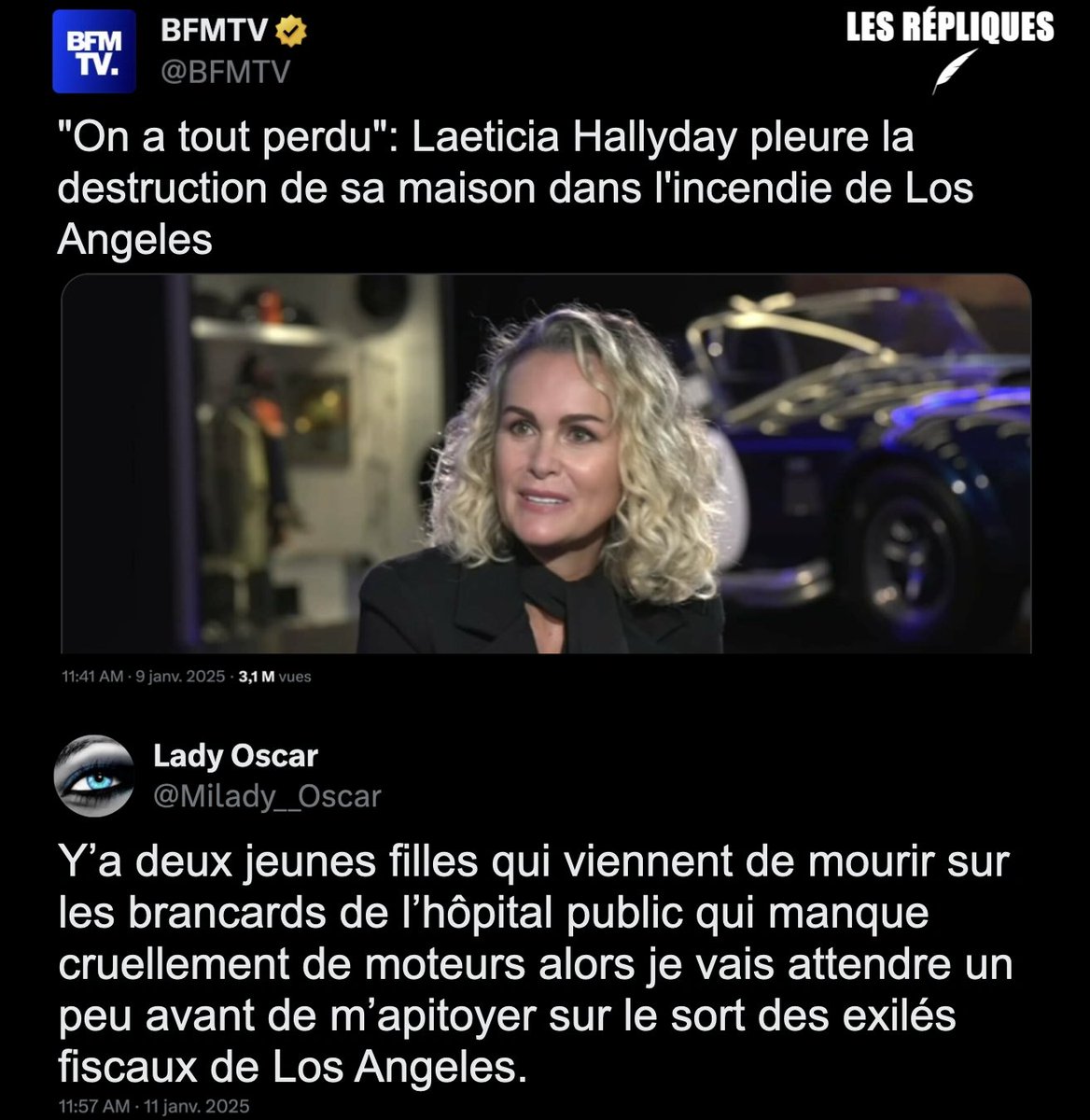 "J'ai vu notre maison partir en cendres, impuissante face aux flammes qui ont tout emporté", a écrit Laeticia Hallyday en légende d'une vidéo montrant sa maison en flammes. "Cette vidéo hante mon cœur" a t-elle ajouté. Plusieurs maisons de stars sont parties en fumée dans les
