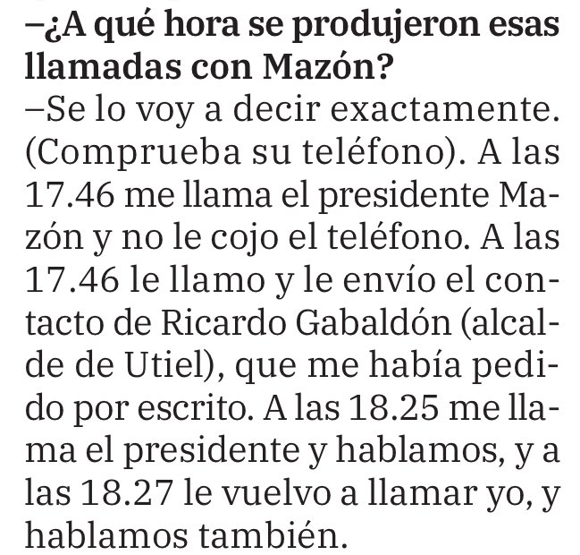 ramircalvo's tweet image. Diu @Vicente_Mompo_, president de la @dipvalencia, que va enviar el telèfon de l’alcalde d’Utiel a @carlos_mazon_ a les 17:46. A eixa hora, la localitat ja estava inundada i l’alcalde ho havia explicat en @apunt_media. Mazón feia tard i no era per falta d’informació.