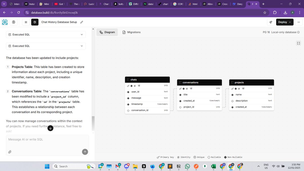 aproli90's tweet photo. Tried https://t.co/oqsMlI1ec0, a simple, chat-based way to design your database schema and deploy it to @supabase 

You can even make changes iteratively after initial setup, but note that once you redeploy, table data is lost (I made that mistake 😓) https://t.co/0GbHjzuTYv