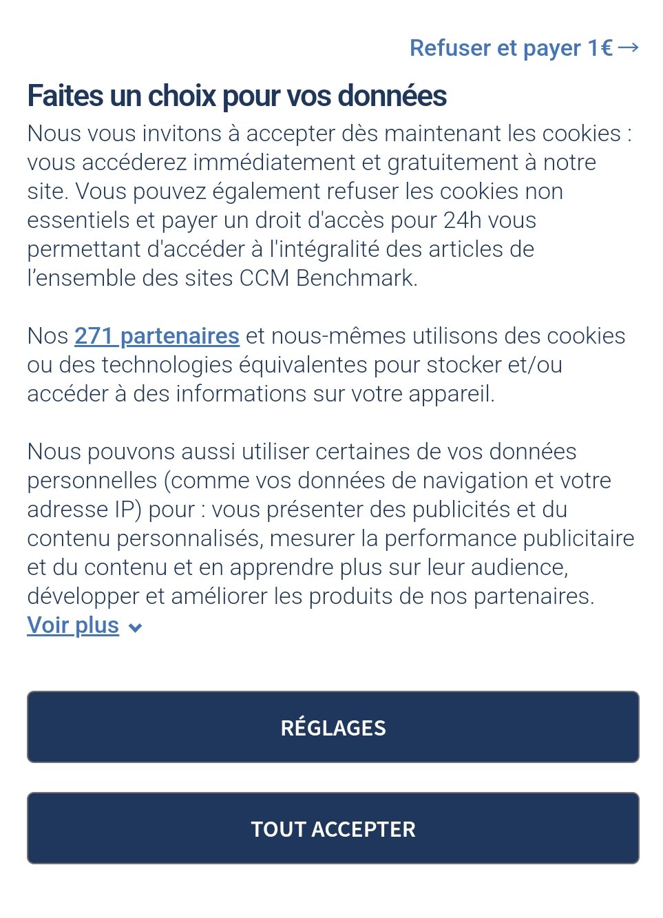 Ce serait bien de remplacer ce bouton "TOUT ACCEPTER" par "J'AI PAS TROP LE CHOIX PARCE QUE SI JE REFUSE ON M'OBLIGE À PAYER". 🤷 @CNIL Faisons bouger les choses. https://t.co/JCMKkoIGX8