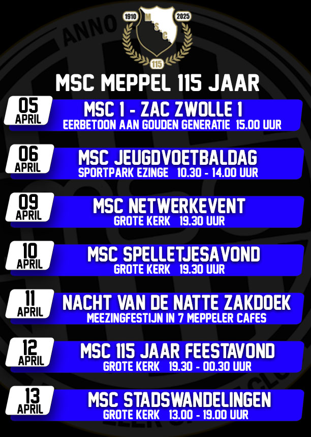 MSCMeppel's tweet photo. De Meppeler Sport Club viert van 5 tot en met 13 april het 115-jarig bestaan van de vereniging. Dat gebeurt tijdens en met verschillende activiteiten. Hier een overzicht en noteer alvast de data in jullie agenda's! Binnenkort volgt er meer specifieke informatie ! https://t.co/krfk3scZEX