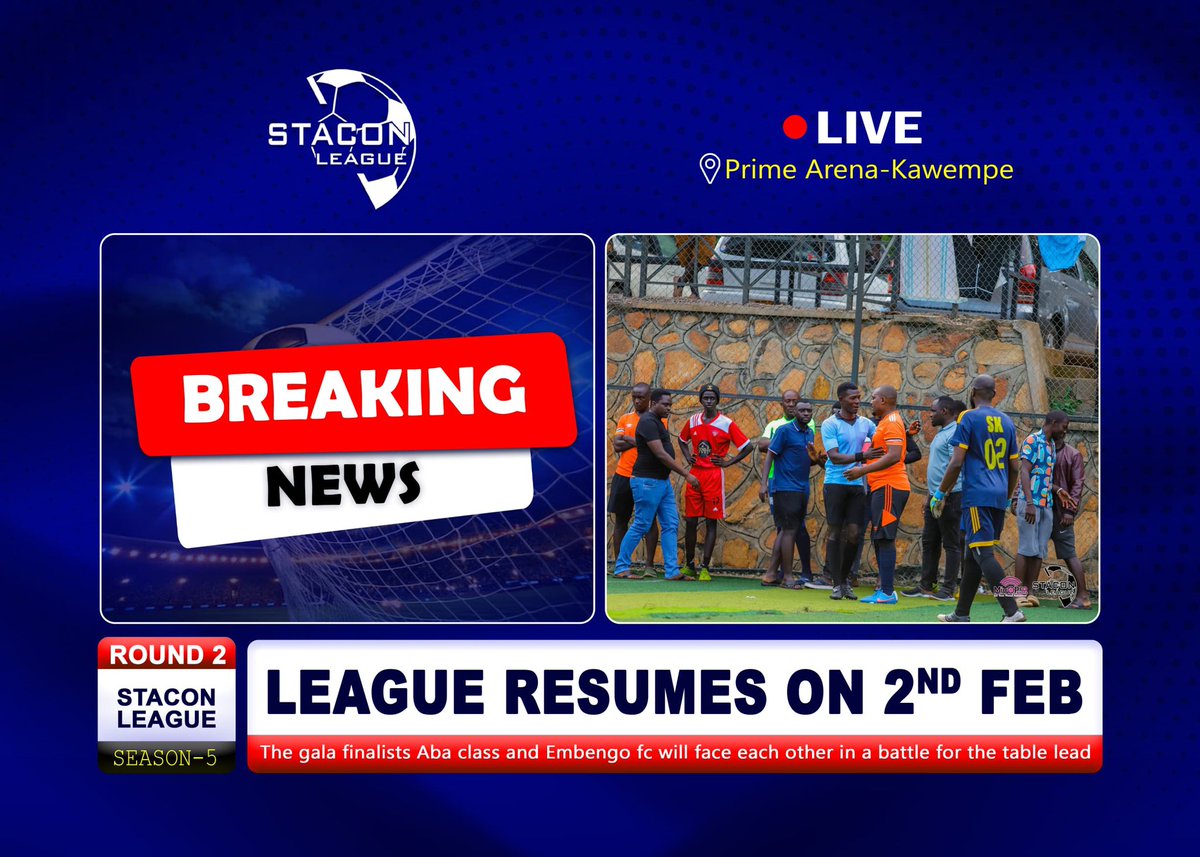 **📢 The Wait is Over! ⚽**  
The STACON League is back in action! Mark your calendars 🗓️ 2nd February 2025🔥  🔥🔥🔥All roads to Prime Arena-Kawempe.
Get ready for thrilling matches and unforgettable moments.  
Let’s keep the spirit alive.

#STACONLeague #RekaEntangaEtambure