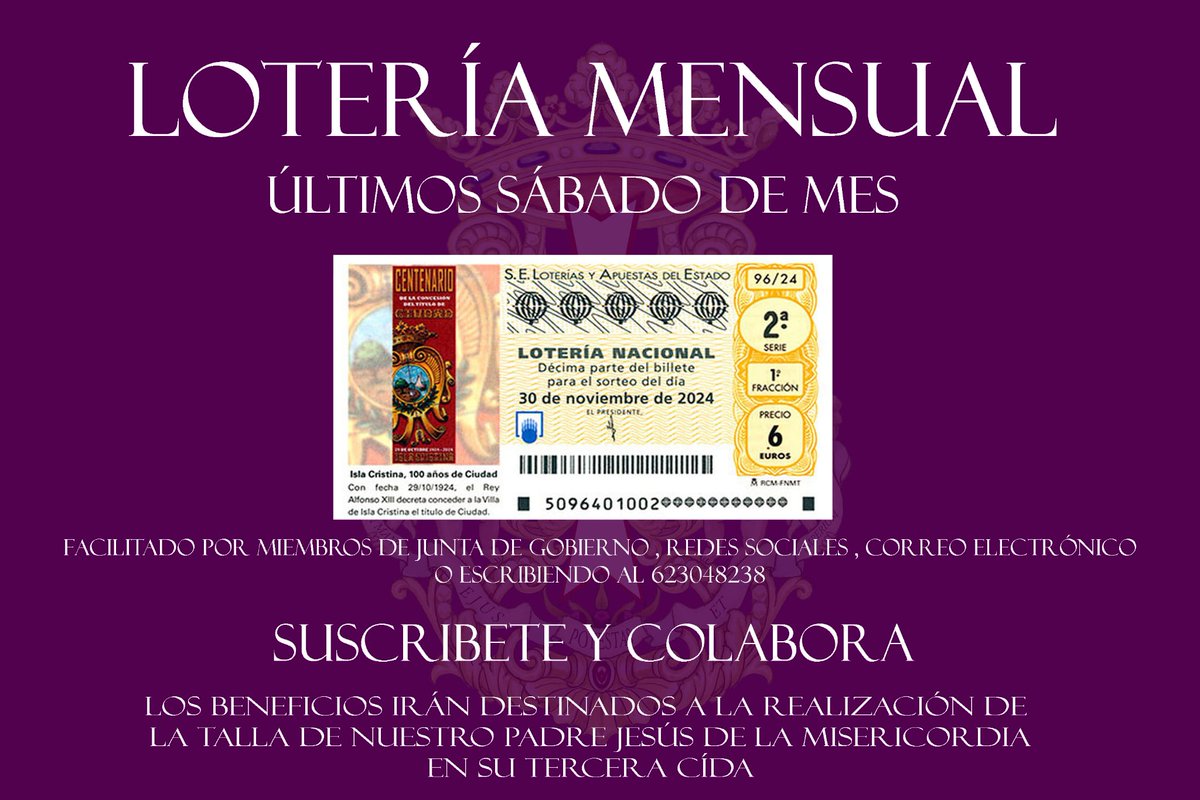 LOTERIA MENSUAL || 
Para contactar y pedir el tuyo, puedes hacerlo a través de las redes sociales del Grupo Parroquial, al correo electronico terceracaidalinares@gmail.com o al teléfono 623 04 82 38, así como a los miembros de Junta de Gobierno.

Gracias por vuestra colaboración!