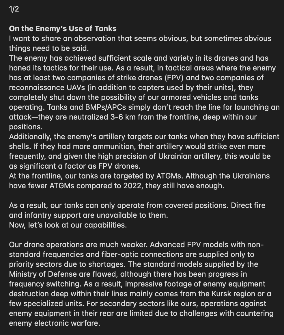 wartranslated's tweet photo. Russian milblogger Vault 8 says that Ukrainians are effectively leveraging drones, artillery, and advanced tactics to neutralise Russian armored vehicles, forcing Russian tanks to operate only from covered positions while enabling their own tanks to engage more freely, even with direct fire. Meanwhile, Russian capabilities, particularly in drones and artillery, are hindered by shortages and inefficiencies, limiting the ability to counter these advancements effectively.