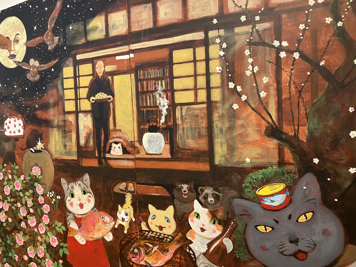 _pink_frog_'s tweet photo. お天気マークに⛄️が出た本日、#夜廻り猫原画展 、サイン会に参戦して来ました。原画はもちろ���、大きく描かれた猫達。可愛いらしい小物も手を抜かない　#深谷かほり　先生のほっこりワールド、満喫させていただきました。
サインイラストには私の好きな貧むすと平蔵さんをリクエスト。　
にっこりー^_^ https://t.co/eeVha0PG9R