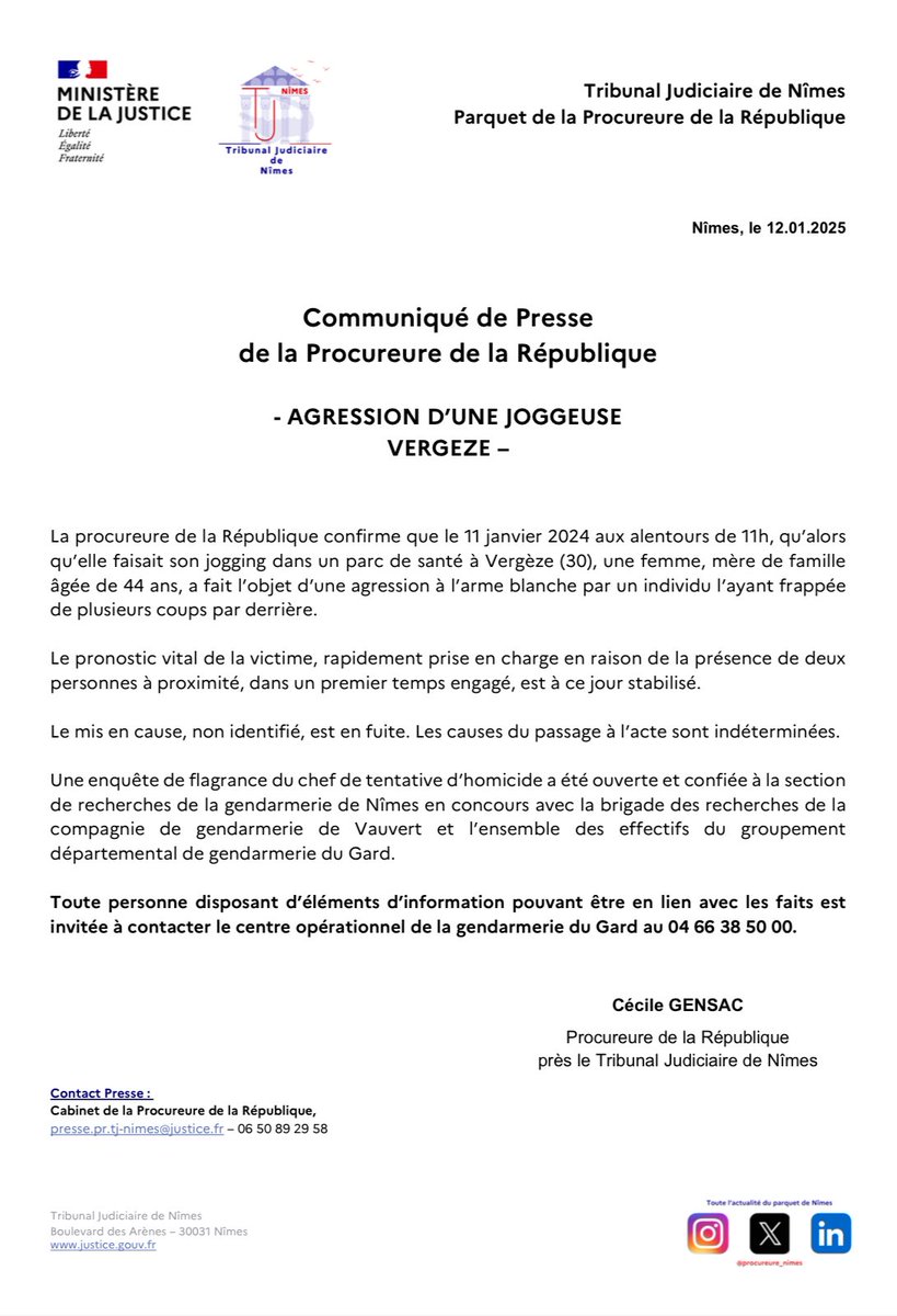 Procureure Nîmes (@procureurenimes) on Twitter photo Communiqué de presse : agression d’une joggeuse à Vergèze.
📣Appel à témoins Communiqué de presse : agression d’une joggeuse à Vergèze.
📣Appel à témoins