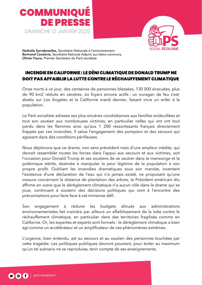 partisocialiste's tweet photo. ✍️Communiqué : Incendie en Californie : le déni climatique de Donald Trump ne doit pas affaiblir la lutte contre le réchauffement climatique.

À lire ici➡️ https://t.co/IVjJDfGRe9 https://t.co/bfoMU3vZN2