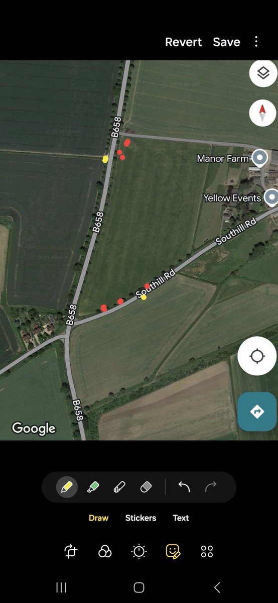 Plenty of brambling about at B658 to Broom junction area yesterday.  Park at yellow dots favoured trees in red dots.  Massive amounts of mixed birds to the west of the B658.