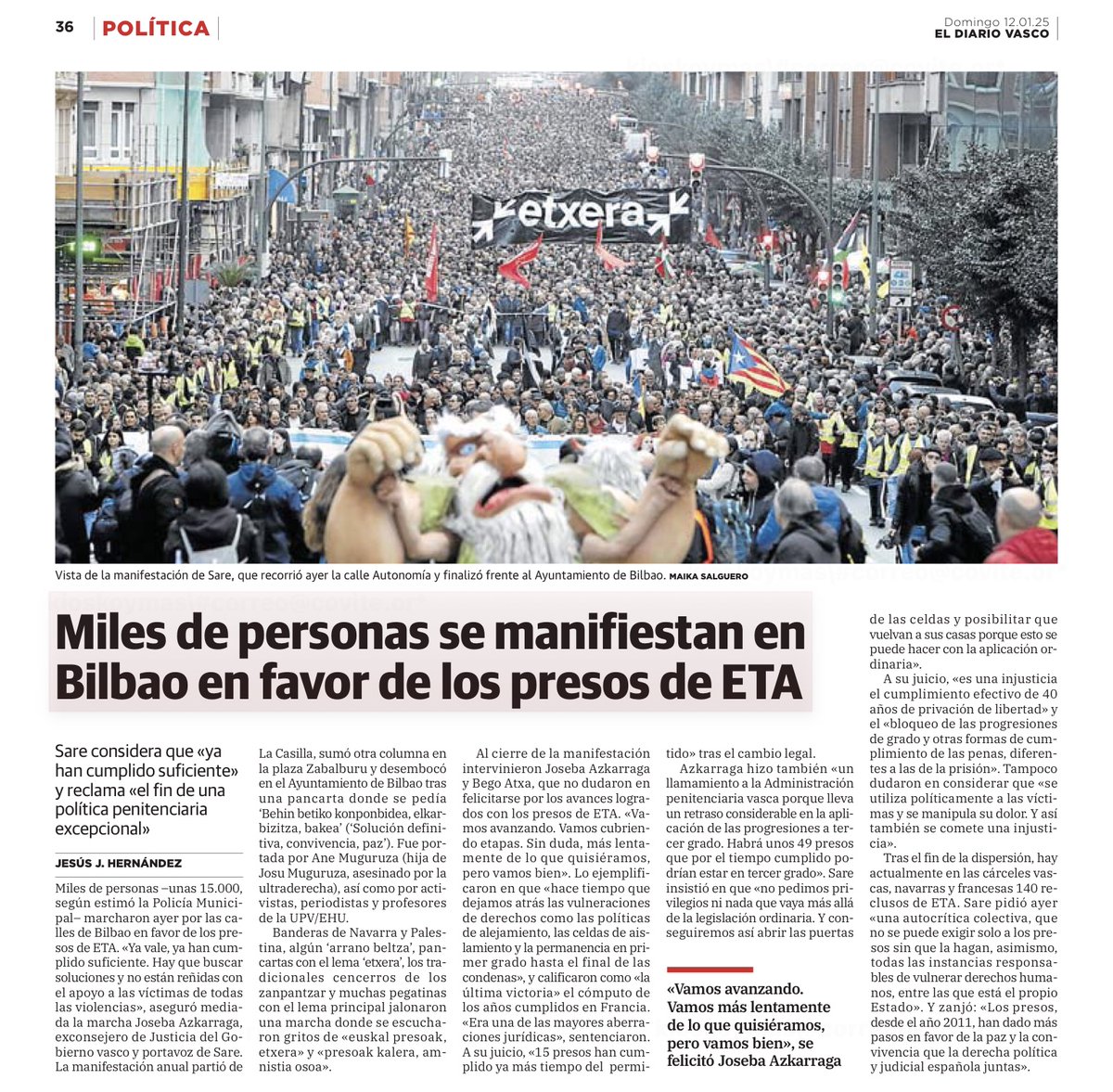 CovitePV's tweet photo. Como ocurre todos los años a principios de enero, ayer miles de personas se manifestaron en #Bilbao para pedir la excarcelación de los presos de #ETA.

¿Cuántas veces ha habido una manifestación tan multitudinaria en solidaridad con sus víctimas?

Muy pocas. https://t.co/nySqhaOskl