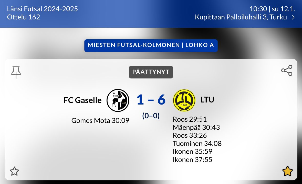 Miesten Futsal-Kolmonen:

FC Gaselle - LTU 1-6 (0-0)

tulospalvelu.palloliitto.fi/match/3682664/…