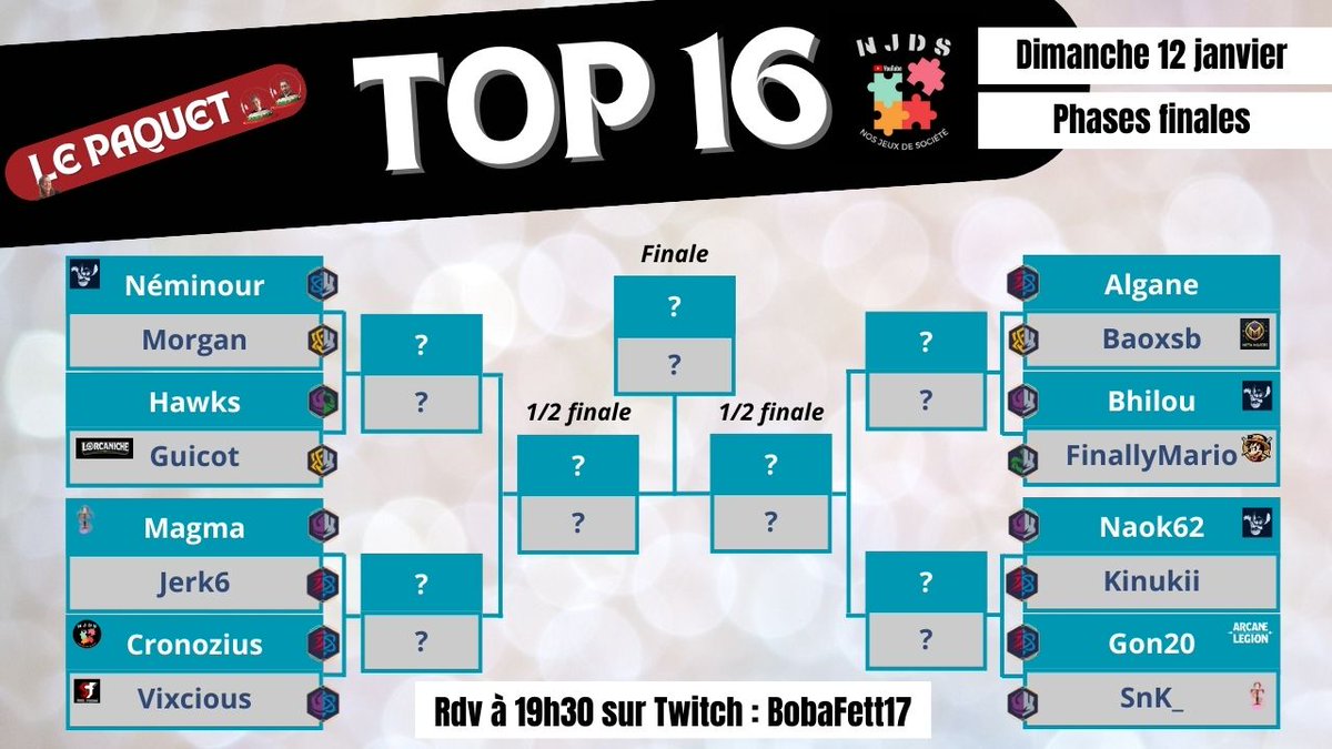 Voici les teams, les joueurs et les couleurs du top 16 sur le tournoi 200 joueurs!! Rdv ce soir 19h chez Boba pour la phase finale !!!