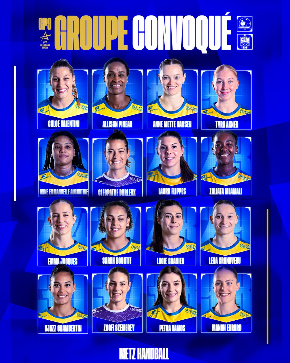 MetzHandball's tweet photo. 𝗛-4️⃣
📋 Le 𝗴𝗿𝗼𝘂𝗽𝗲 convoqué par Emmanuel Mayonnade pour affronter face à CSM Bucuresti 💥
‣ #MHBCSM #EHFCL https://t.co/lwgjyG2Pb6