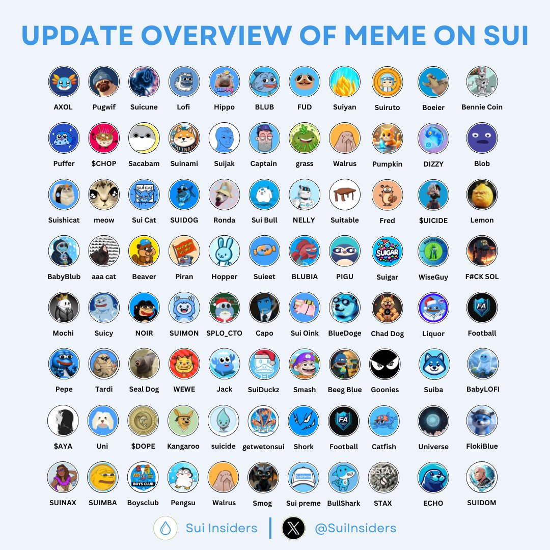 SuiInsiders's tweet photo. UPDATE OVERVIEW OF MEME ON SUI #4🔥

Memecoins on $SUI are about to enter an explosive phase. Share the names we might have missed!👇

Like and RT to support us🙏

#Sui #SuiNetwork #memecoins https://t.co/thJjdJWJy8