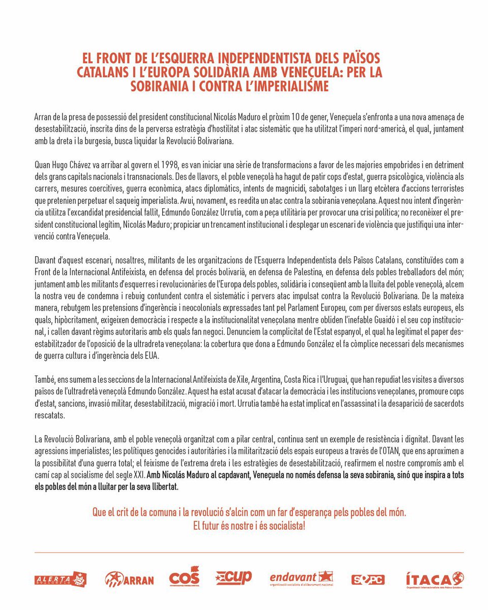 Arran_jovent's tweet photo. #COMUNICAT | 🇻🇪 El front de l'Esquerra Independentista dels Països Catalans i l'Europa solidària amb Veneçuela: per la sobirania i contra l'imperialisme! https://t.co/3X2reo6VEg