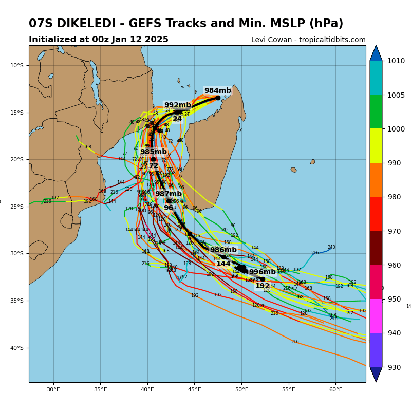StormViewsRSA's tweet photo. Tropical Cyclone #Dikeledi is being closely monitored as it's just moved over the north of Madagascar. Latest model tracks show potential paths and intensities.  #CycloneDikeledi #Weather

@afriwx
@SAWeatherServic
@ReenvalSA 
@VoxWeatherZa 
@peoples_weather https://t.co/aZ5MjfFyEB