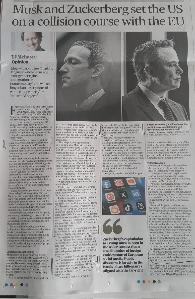 Interesting article in this weeekends #irishtimes on Musk and Zuckerberg. We need more competitors that reflect the values we want in social media companies. I've not been using this platform for some time but coming off X for good.