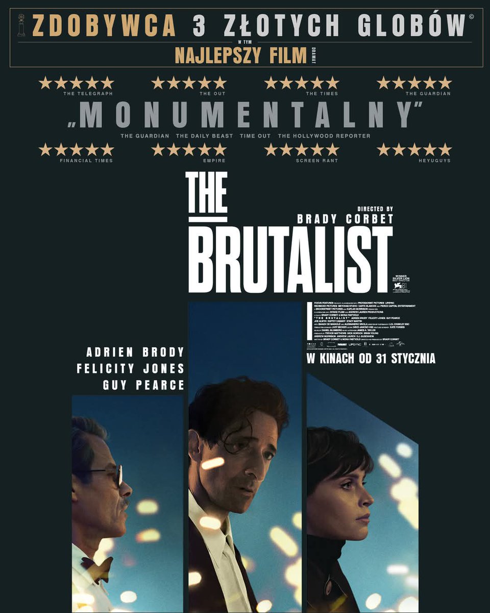 krkinopl's tweet photo. Trzy Złote Globy dla filmu The Brutalist: dla najlepszego filmu, najlepszego aktora (Adrien Brody) i najlepszego reżysera (Brady Corbet). Pokaz przedpremierowy w https://t.co/9AydpuK0rX 19 stycznia.
https://t.co/uTGtotaPnS https://t.co/FIoTbxpweC
