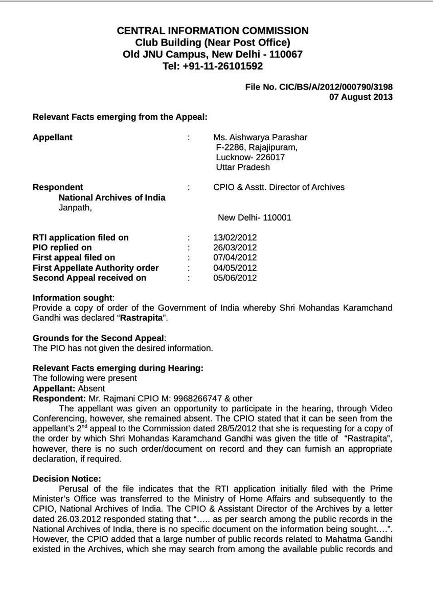 JR_DHIR's tweet photo. National Archives of India, Janpath has confirmed it on 7 August 2013 that the title of “Rashtrapita/ Father of the Nation” has not been officially conferred to anyone till date. 

If the FIR is to be registered agin her then why not agin the whole NAI department? @ARanganathan72 https://t.co/tgDVh33LnD
