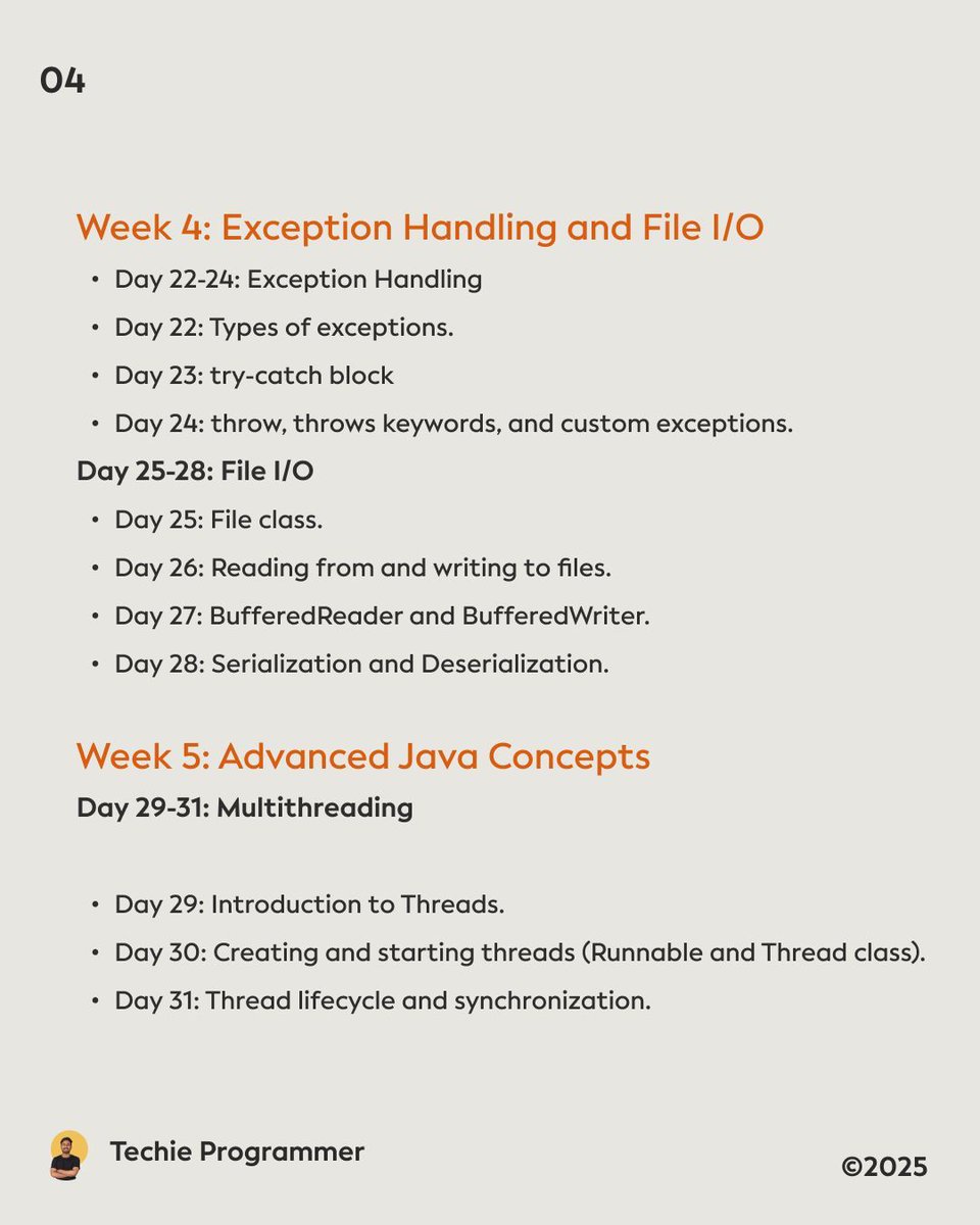 nileshhadalgi16's tweet image. Boost your coding skills in 2025 with our "45 Days Java Learning Plan"! 🚀 Whether you're a beginner or looking to refine your skills, this plan is designed to help you master Java in just 45 days. Start your programming journey today! #JavaLearning #Code2025