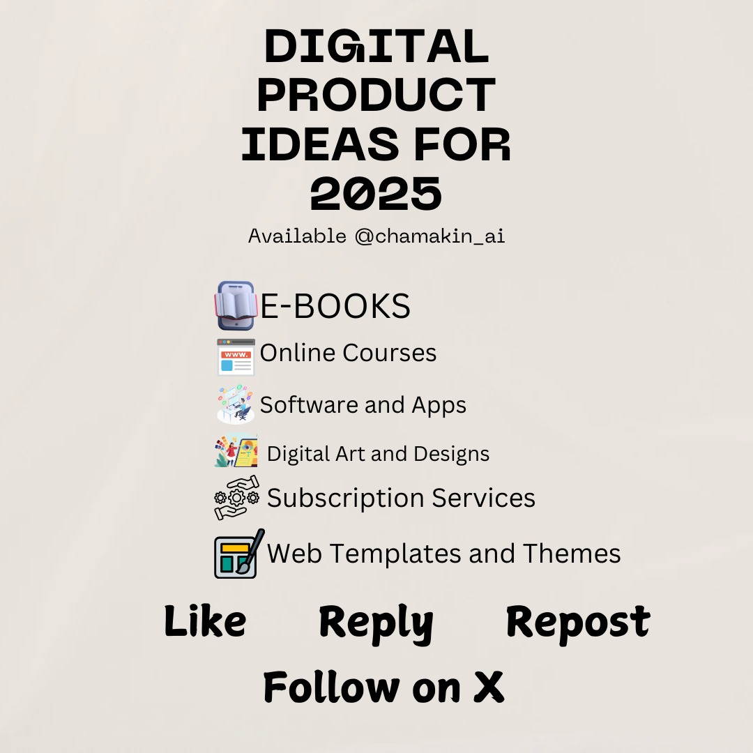 chamakin_ai's tweet photo. Digital products are easy to build.
But most people struggle with one thing: Coming up with ideas.

We’ve got you covered!
Digital Product Ideas for 2025

For next 24 hours, they’re FREE!

To get list:

👍 Like this post &amp; Repost it
📝 Reply with "SEND"
🐦 Follow @chamakin_ai https://t.co/9gnfV5CPy7