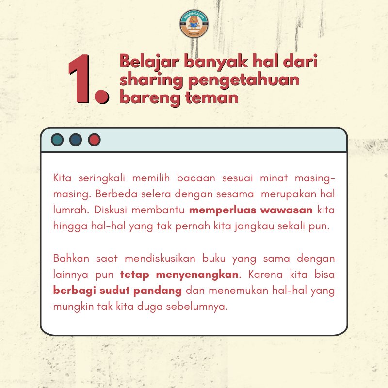 readingalam's tweet photo. Ada beragam manfaat kalo kamu gabung bookclub, lho! 👀🫵🏻

Gak cuma bangun relasi dan mengisi waktu luang, geser slide-nya sekarang! 🙂‍↕🔥

Komen, yuk, kira-kira apa keuntungan lain dari join bookclub menurut #TemanMaca? 🧐💬 https://t.co/6jegz4343R