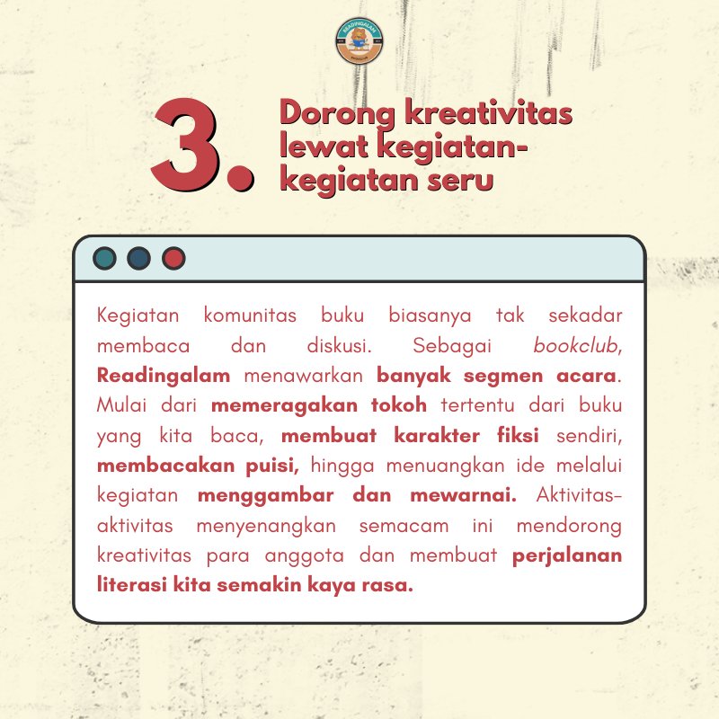 readingalam's tweet photo. Ada beragam manfaat kalo kamu gabung bookclub, lho! 👀🫵🏻

Gak cuma bangun relasi dan mengisi waktu luang, geser slide-nya sekarang! 🙂‍↕🔥

Komen, yuk, kira-kira apa keuntungan lain dari join bookclub menurut #TemanMaca? 🧐💬 https://t.co/6jegz4343R