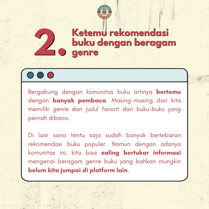 readingalam's tweet photo. Ada beragam manfaat kalo kamu gabung bookclub, lho! 👀🫵🏻

Gak cuma bangun relasi dan mengisi waktu luang, geser slide-nya sekarang! 🙂‍↕🔥

Komen, yuk, kira-kira apa keuntungan lain dari join bookclub menurut #TemanMaca? 🧐💬 https://t.co/6jegz4343R