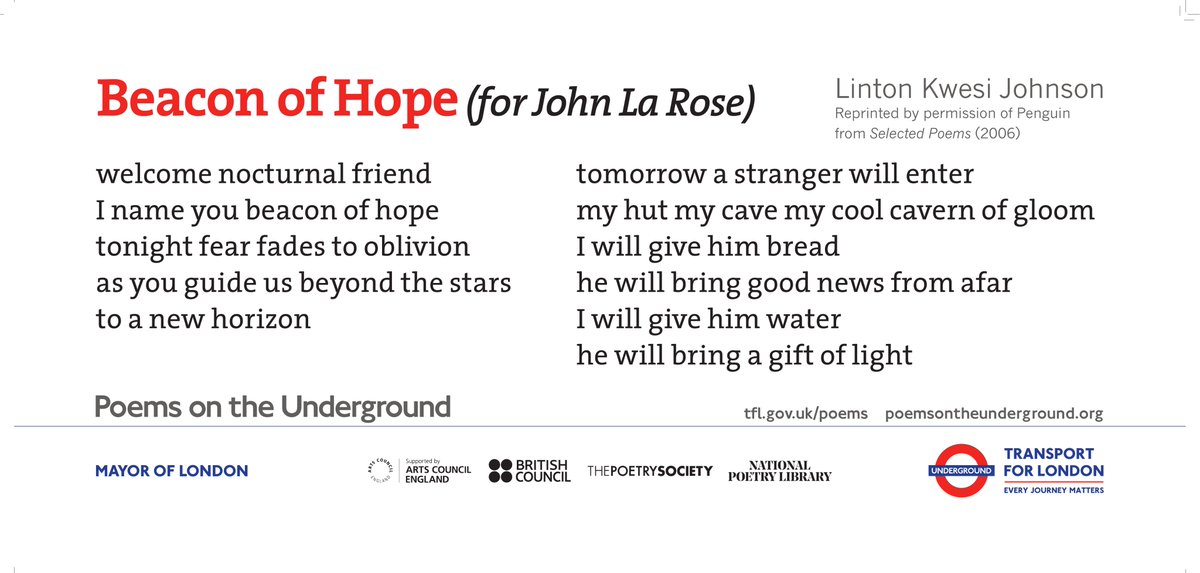 Poem of the Day: Beacon of Hope (for John La Rose) by Linton Kwesi Johnson poemsontheunderground.org/beacon-of-hope…