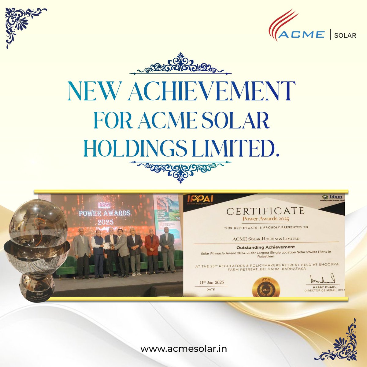 ACMEGroup_India's tweet photo. A significant achievement for ACME Solar Holdings Limited! We are honored to receive the Solar Pinnacle Award 2024-25 for our largest solar power plant in Rajasthan at the Power Awards 2025 organized by IPPAI. #ACMESolar #SolarIsFuture #IPPAIAwards2025
@AcmeSolar67918 https://t.co/mgYiEU6Mdz