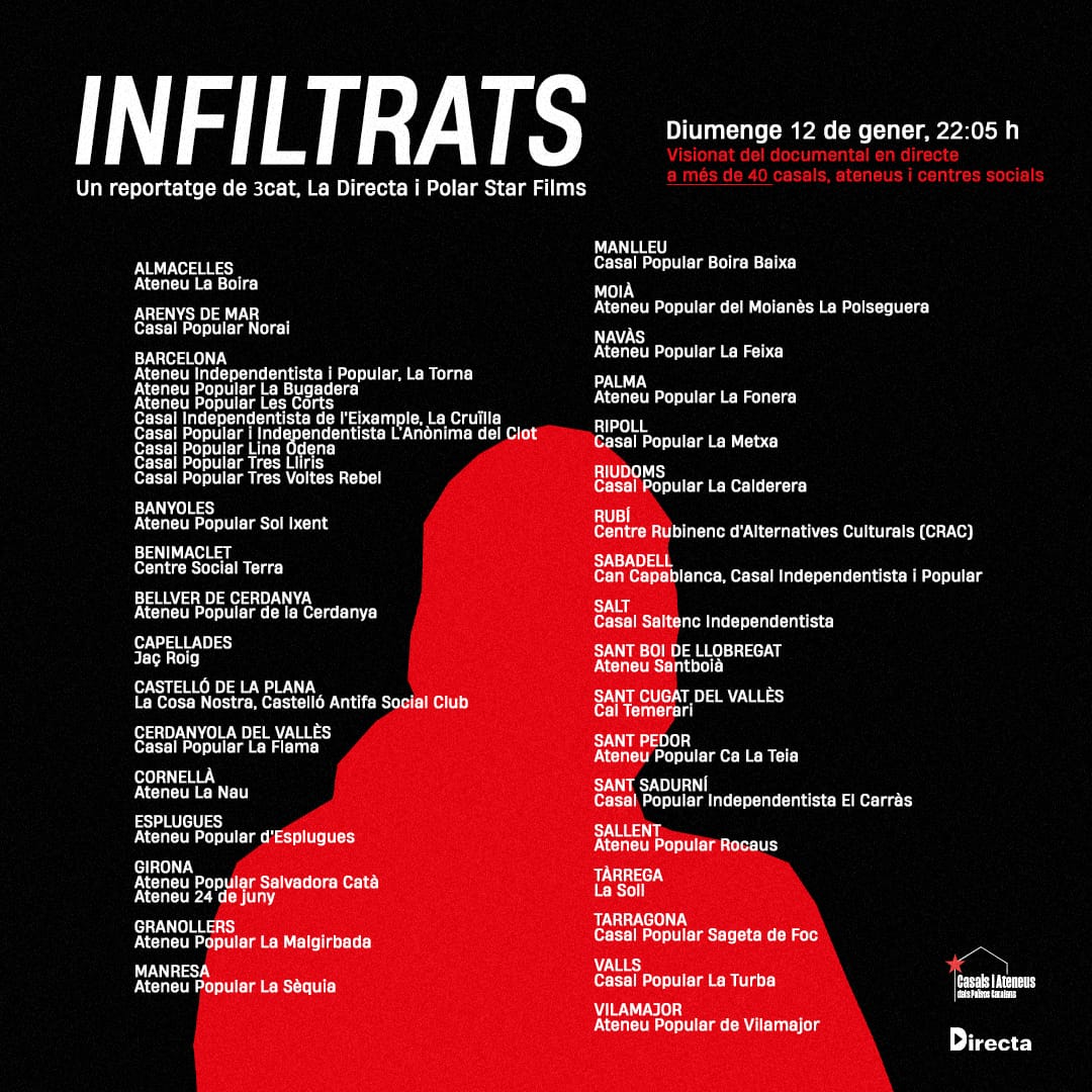 EMISSIÓ DOCUMENTAL INFILTRATS POLICIALS
El Casal Saltenc Independentista s'afegeix a una bona colla de casals i ateneus dels Països Catalans que l'emetran en directe. Avui diumenge 12 de gener a les 22.05h.

Us hi esperem!
#infiltrats #clavegueres #laDirecta #casalsiateneusppcc