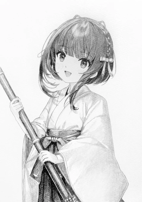 巫女服の鵜来さんの途中絵です。まず最初に雰囲気で描いてみて、その後線を濃くして、最後に色を塗りました!元絵は新春modeの鵜来さんで、見た瞬間に思わず「可愛い…!!」と思い、描いてみました…!今回も沢山のいいね、リポスト、コメント等を本当に本当にありがとうございます!! 