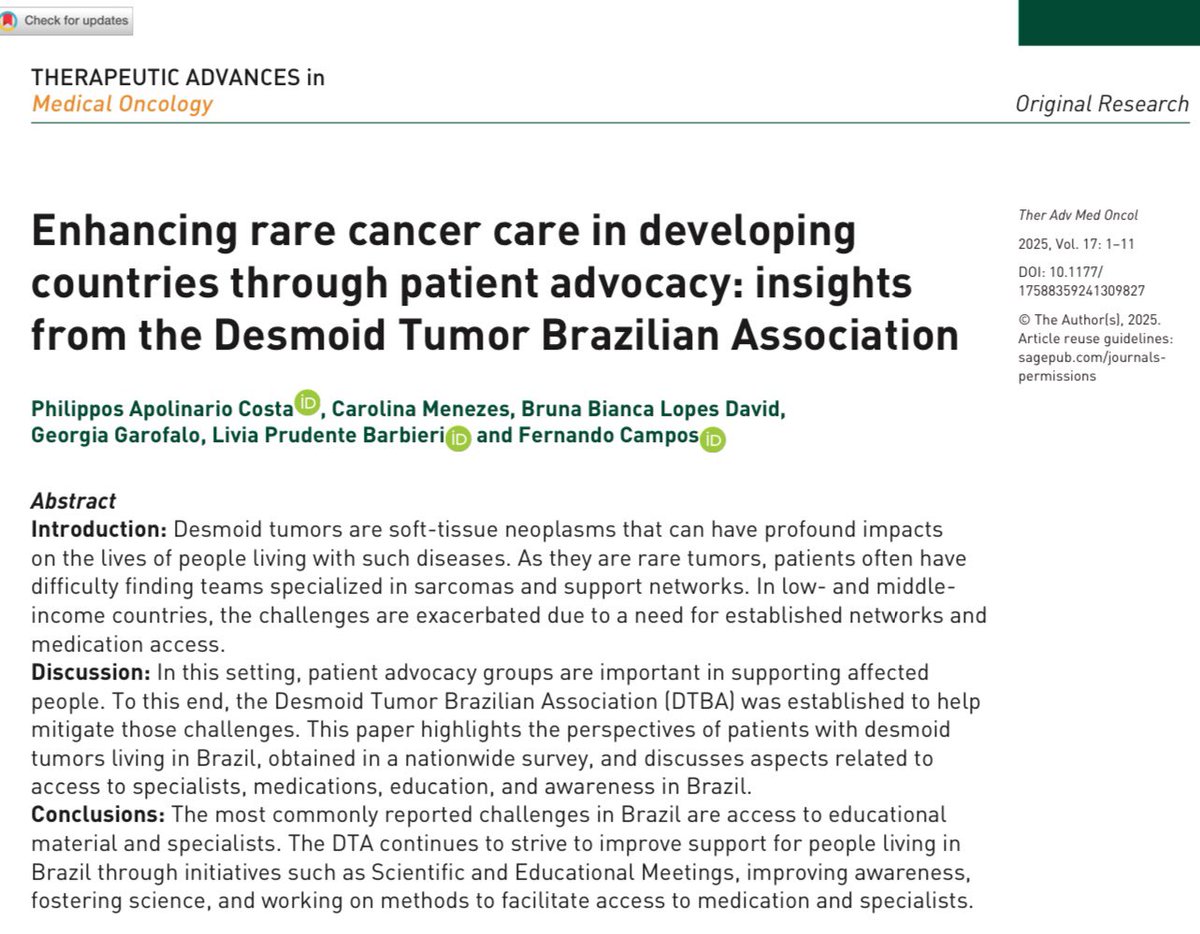 Fernando Campos (@_camposfernando) on Twitter photo Through the lens of the Brazilian Desmoid Tumor Association, we highlight the crucial role of patient advocacy groups in advancing care for those with rare tumors/cancers in developing countries. <a href="/CostaPhilippos/">Philippos Apolinario Costa, MD</a>
lnkd.in/dgh-Pjzf Through the lens of the Brazilian Desmoid Tumor Association, we highlight the crucial role of patient advocacy groups in advancing care for those with rare tumors/cancers in developing countries. <a href="/CostaPhilippos/">Philippos Apolinario Costa, MD</a>
lnkd.in/dgh-Pjzf