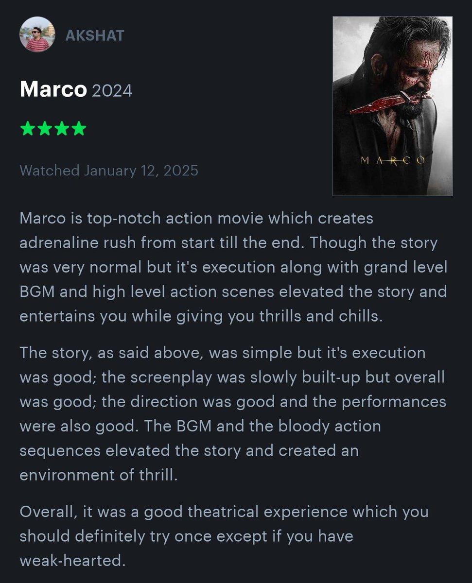 akshatscribes's tweet photo. Just watched Marco (2024) in theatre and it was a thrilling experience. With high level action and massy BGM, it gives you a full dosage of thrill and chills. Here's my review of #Marco. #MarcoMovie #marcoreview #marcohindi #Review #MovieReview https://t.co/yv4nDfZMj8