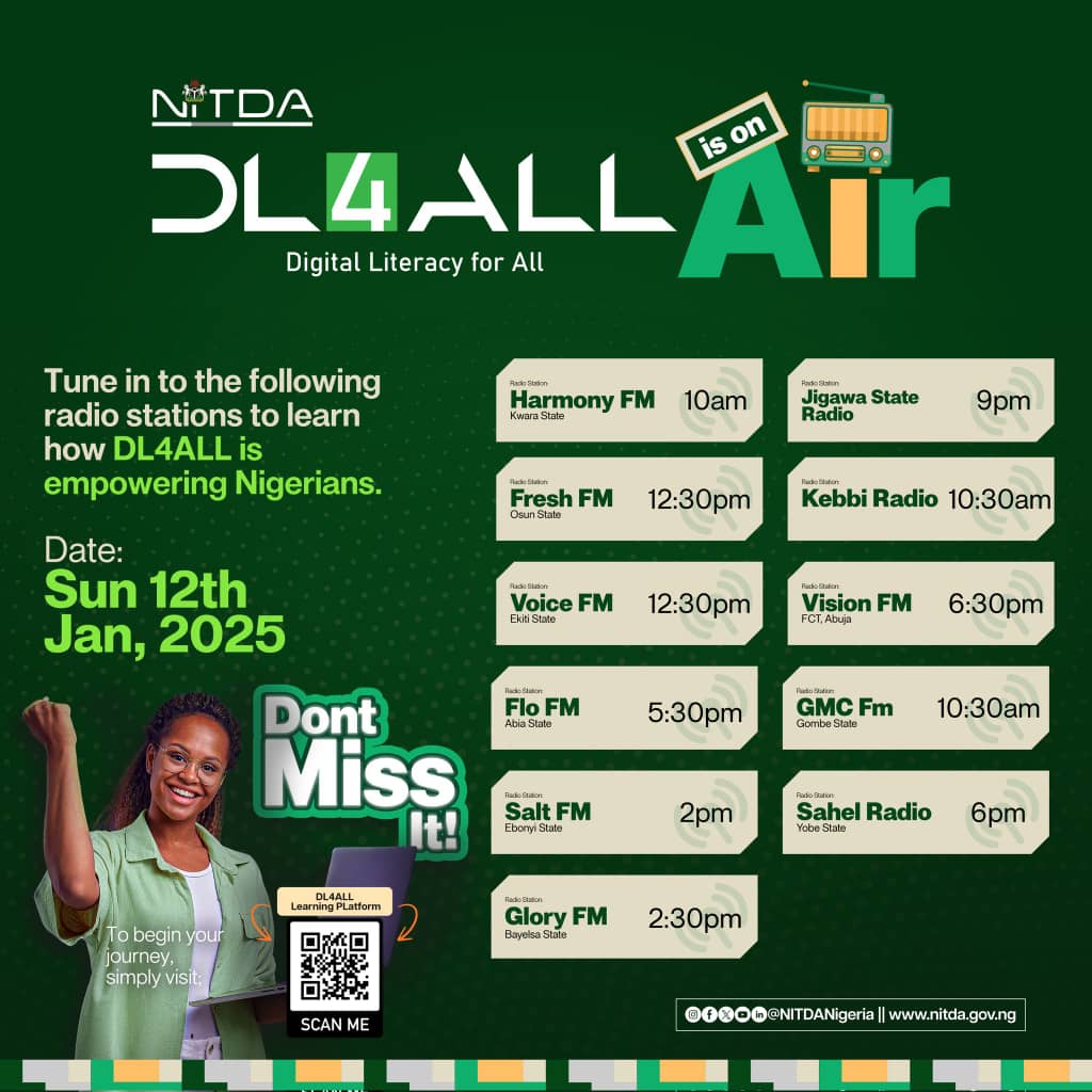 lollylarry1's tweet image. Tune in to the following radio stations today to know more about the #DL4ALL initiative  and how @NITDANigeria is using it to empower Nigerians across the nation.