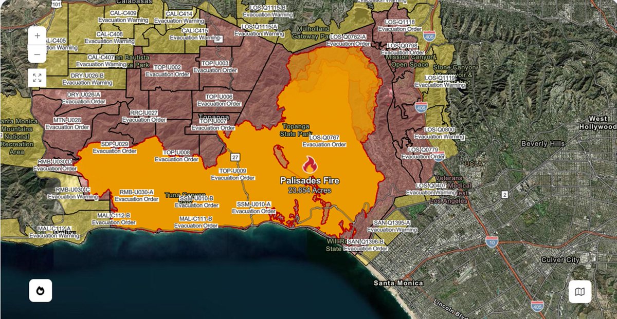 1) Tras 6 días desde el inicio de este episodio de simultaneidad de #IncendiosForestales en #CaliforniaWildfires #PalisadesFire #EatonFire #KennethFire #ArcherFire #SunsetFire las operaciones de lucha contra #IIFF continúan en condiciones meteorológicas extremas

Hilo 🧵👇