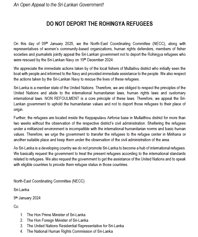 rukitweets's tweet photo. Key organizer of protest against deportation of #Rohingya, held in #Mullaitheevu on 09Jan2025 ordered by @SL_PoliceMedia to give a statement in Colombo. 
@anuradisanayake's NPP should address &amp; respond to concerns re. Rohingya &amp; NOT harass activists speaking on their behalf. https://t.co/hhfv45Rh0L