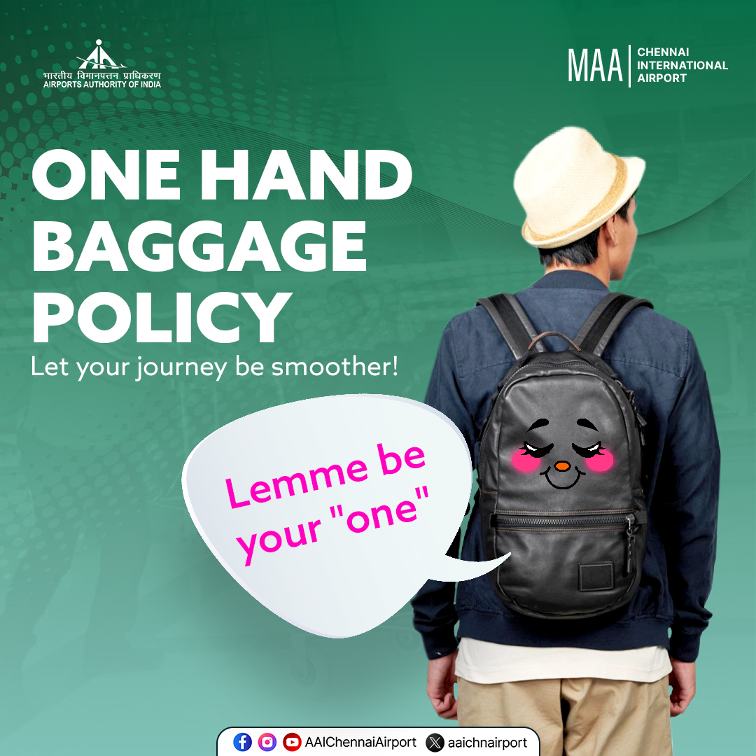aaichnairport's tweet photo. Fly through Chennai Airport with ease! Stick to the One Hand Baggage Policy for quicker security checks, reduced congestion, and a smoother journey for everyone.
#ChennaiAirport #AAIAirports #OneHandBagPolicy #HandBaggage #SmoothTravel
@MoCA_GoI | @AAI_Official https://t.co/CxA43zfGJk