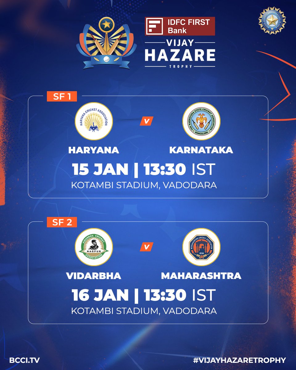All set for the semifinals of the Vijay Hazare Trophy 2024-25 🙌🙌 A ...