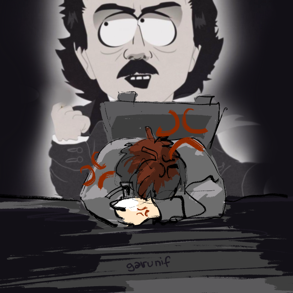 garunifART's tweet photo. I made a fanfic where Edgar Allan Poe's spirit appears to Pete and tells him to confess his feelings for Michael :'DD
And I felt like drawing the cover 

#south_park #goth_kids #pete_thelman #michael #curly_goth #red_goth #pichael #michael_sp https://t.co/cllhndaeXN