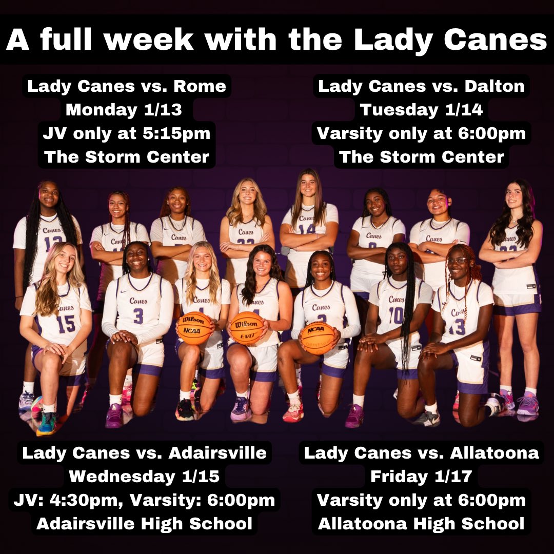 Here is our schedule for the week!
On Monday, our JV team will face Rome at home at 5:15pm. 
On Tuesday,  we will face Dalton at home at 6:00pm. 
On Wednesday, we will travel to face Adairsville at 4:30pm and 6:00pm.
Finally, Friday we will travel to face Allatoona at 6:00pm.