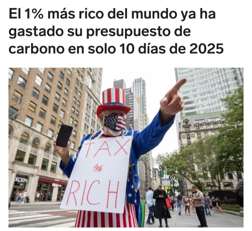 El 1% más rico, incluido Elon Musk, ha emitido en 10 días 2,1 toneladas de CO2 lo que al 50% con menos recursos del planeta le llevaría 3 años, pero Europa está empeñada en imponer el coche eléctrico porque dice que la culpa del cambio climático es tu viejo diesel o gasolina 🤦‍♂️🤦‍♂️