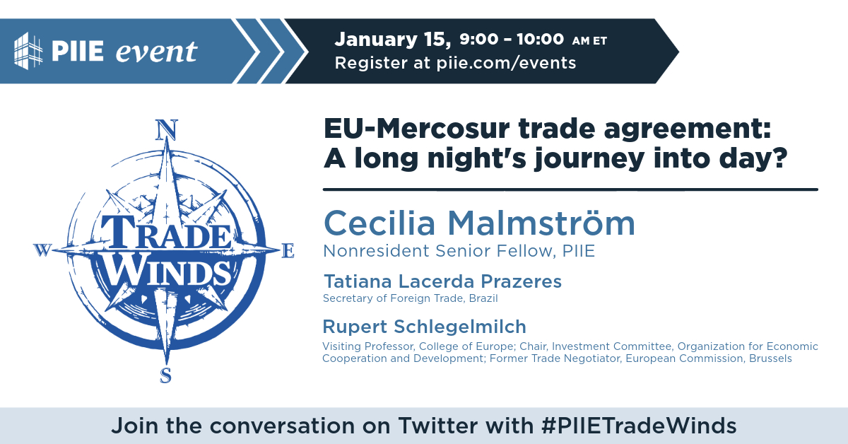 PIIE's tweet image. JANUARY 15: @MDICoficial Tatiana Lacerda Prazeres of  &amp;amp; former @EU_Commission @rupertschlegelm join @MalmstromEU to discuss the EU-Mercosur trade agreement (with Argentina, Brazil, Paraguay, &amp;amp; Uruguay). Will it finally happen?
Info &amp;amp; register: piie.com/events/2025/eu…