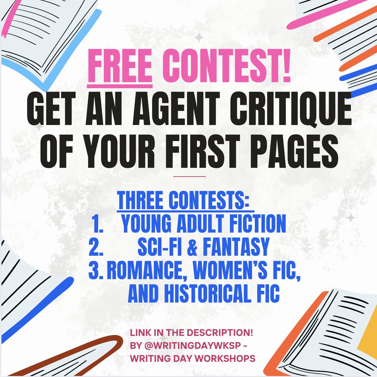 writingdaywksp's tweet photo. A TRIO OF *FREE* FIRST PAGE CONTESTS! -- with a critique from an agent to three winners in each category:

1. Young adult fiction
2. Sci-fi and fantasy
3. Romance, women's fic, and historical fic

Share with writer friend and enter today: https://t.co/f8apSNF9gV https://t.co/KMzhK5Cla3