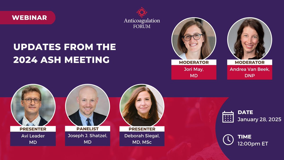 Have you registered yet? Join us on Tuesday, January 28, 2025, at 12:00 pm ET for a webinar featuring expert discussions on select topics from the 2024 American Society of Hematology (ASH) Meeting. 

Highlights include: 
🔹"Measuring the Effect of DOACs: Why, When, and How?"